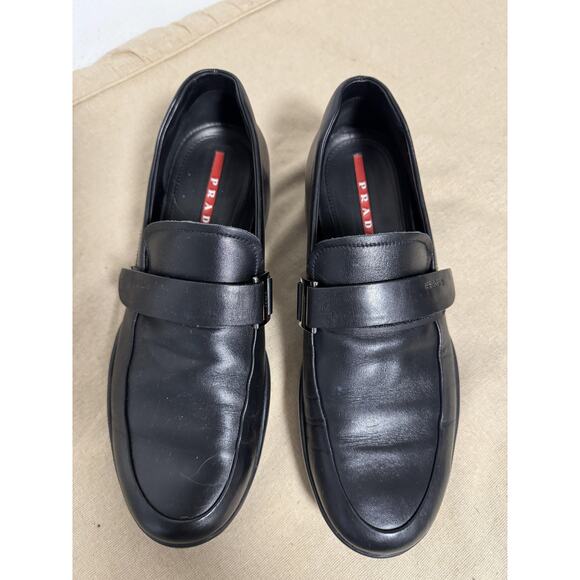 Prada Shoes Mens Size 8.5 Black Leather Loafers Slip On Dress Buckle 4P0327 main image 8
